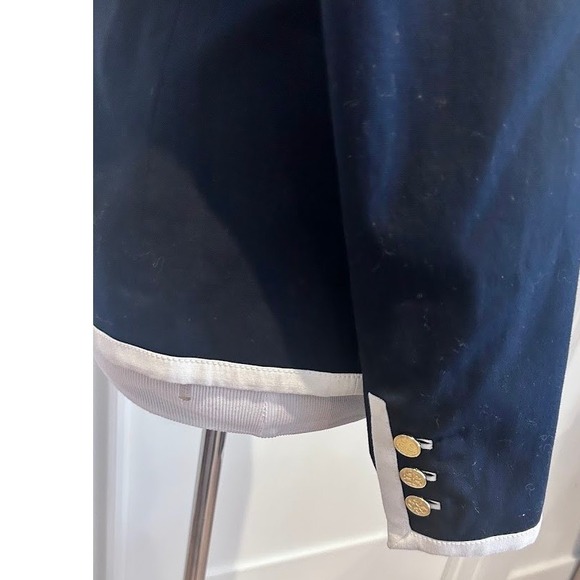 Tory Burch Navy Blue Double Breasted Blazer Gold Logo Buttons White Trim Size 6 - Picture 8 of 12